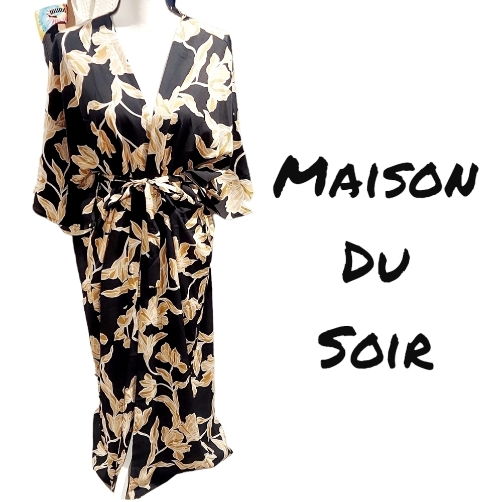 Maison Du Soir Black And Gold Floral Robe Size L/… - image 1